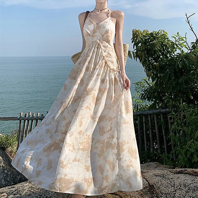 Dress Open A-Line Back Maxi Trim Floral Halter Ruffle