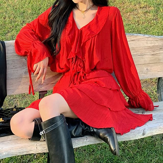 Plain Skirt Blouse Mini + A-Line Long-Sleeve Set: V-Neck Tiered