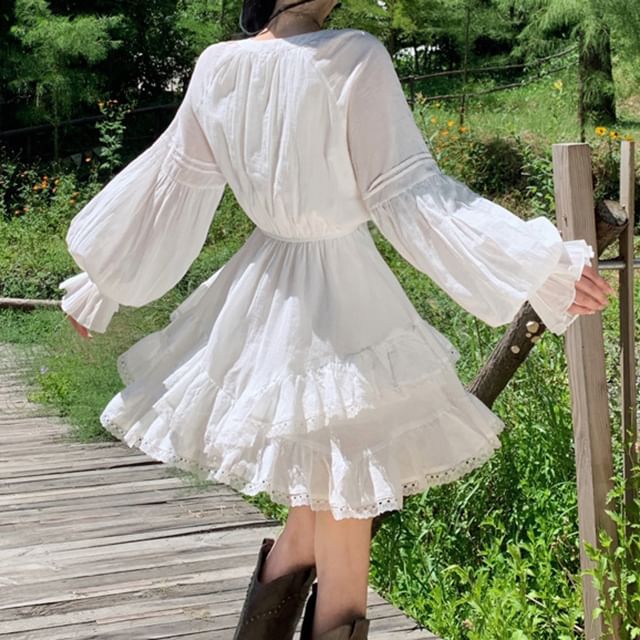 Plain Dress Lace Long-Sleeve Mini A-Line Trim Tiered