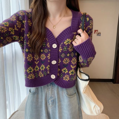 V-Neck Floral-Print Cropped Cardigan