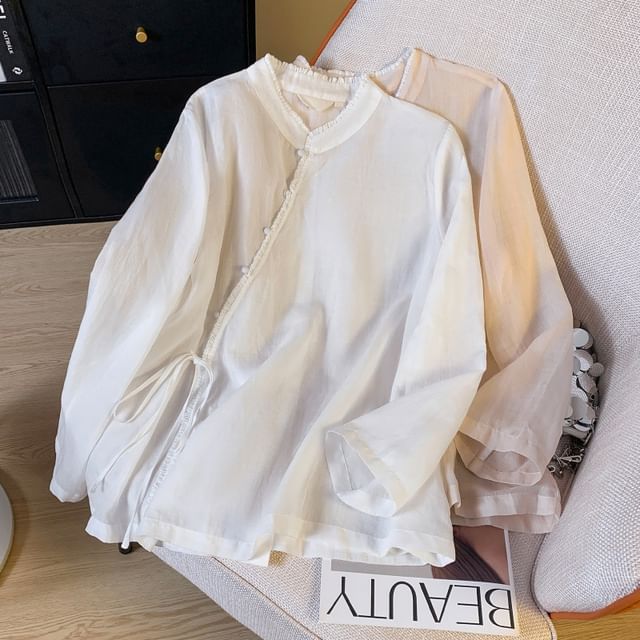 Long Sleeve Band Collar Plain Hanfu Blouse