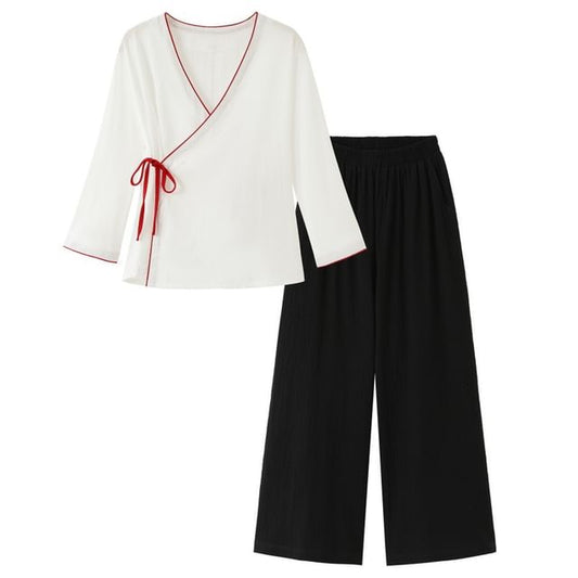 Long-Sleeve V-Neck Contrast Trim Hanfu Top / Mid Rise Plain Wide Leg Pants