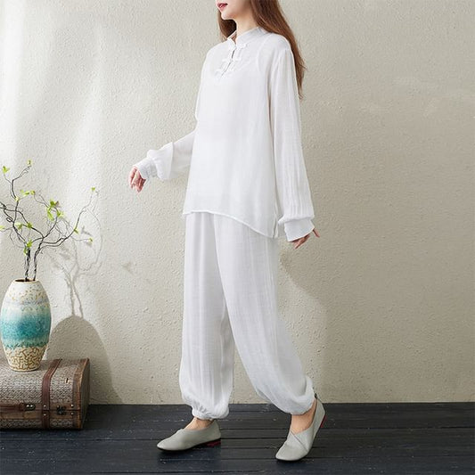 Set: Long-Sleeve Band Collar Plain Hanfu Top + Plain Camisole Top + Mid Rise Plain Harem Pants