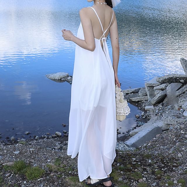 Strap A-Line Asymmetrical Spaghetti Plain Dress Midi