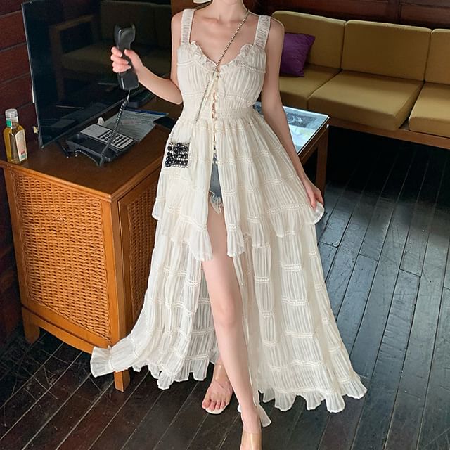 Plain Maxi Dress Slit Button A-Line Sleeveless