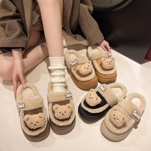 Bear Fleece-Lined Platform Mules