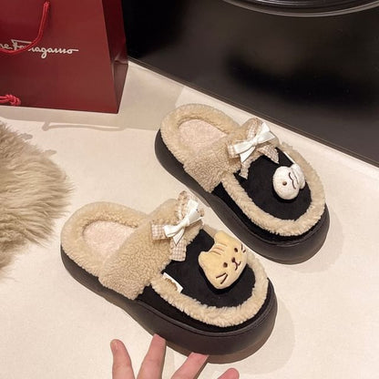 Cartoon Bow Fleece-Lined Platform Mules