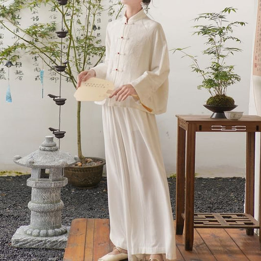 Long Sleeve Mandarin Collar Floral Hanfu Shirt / Mid Rise Wide Leg Pants