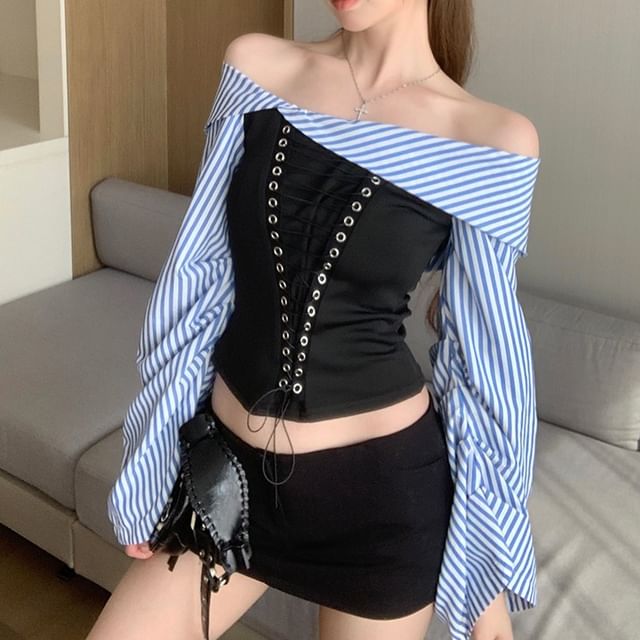 Off-Shoulder Blouse Striped Flared-Sleeve Cropped Lace-Up