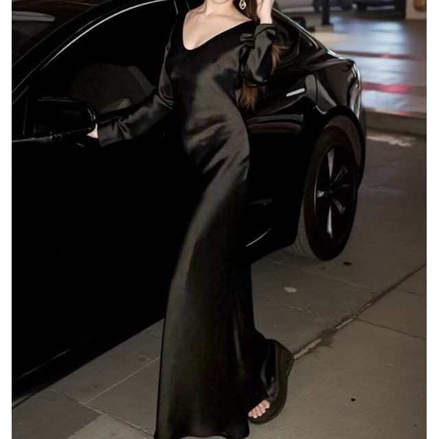 Long-Sleeve V-Neck Satin Plain Maxi Sheath Dress