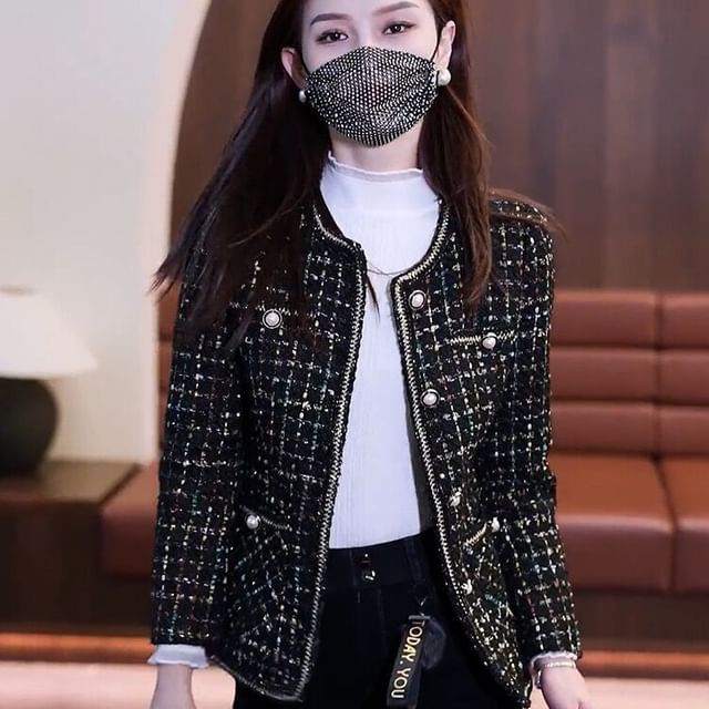 Plaid Tweed Button-Up Jacket