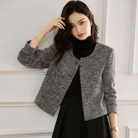 Round Neck Tweed Button Cropped Jacket