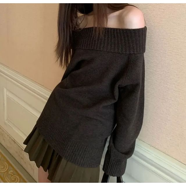 Long Sleeve Off-Shoulder Plain Loose-Fit Sweater