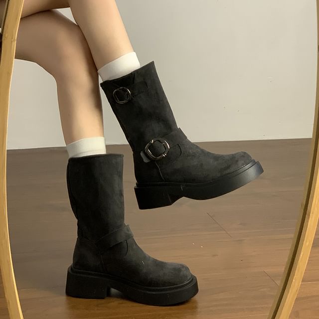 Platform Plain Buckled Faux Suede Mid-Calf Boots