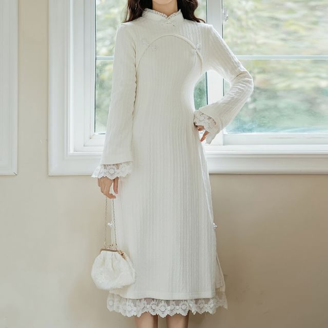 Long Sleeve Stand Collar Plain Lace Trim Ribbed Knitted Midi A-Line Dress