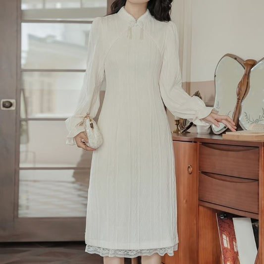 Long Sleeve Collared Embroidered Lace Trim Sheath Midi Dress