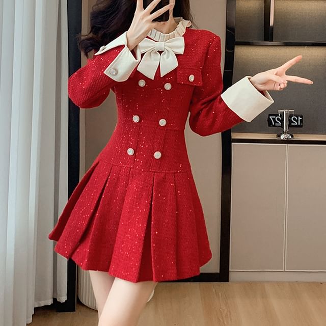 Long Sleeve Stand Collar Bowknot Tweed Mini Pleated A-Line Dress