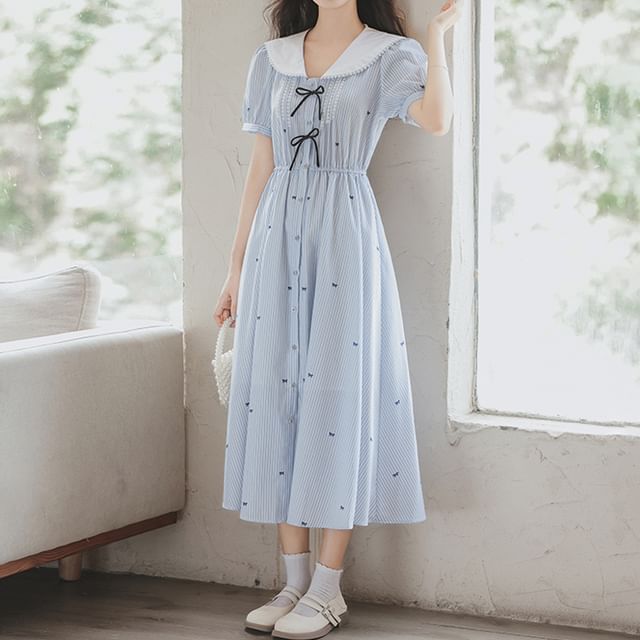 Peter Pan Collar V-Neck Bowknot Striped Midi A-Line Dress