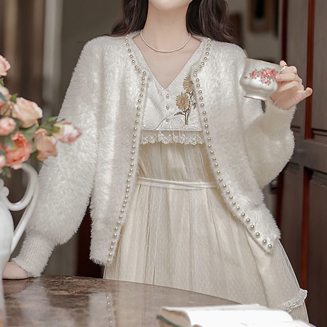 Long Sleeve V-Neck Floral Embroidered Midi A-Line Dress / Faux Pearl Open Front Jacket