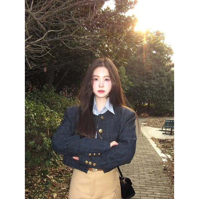 Round Neck Plaid Tweed Button Jacket / Collared Striped Button Shirt / High Waist Plain Midi A-Line Skirt / Set