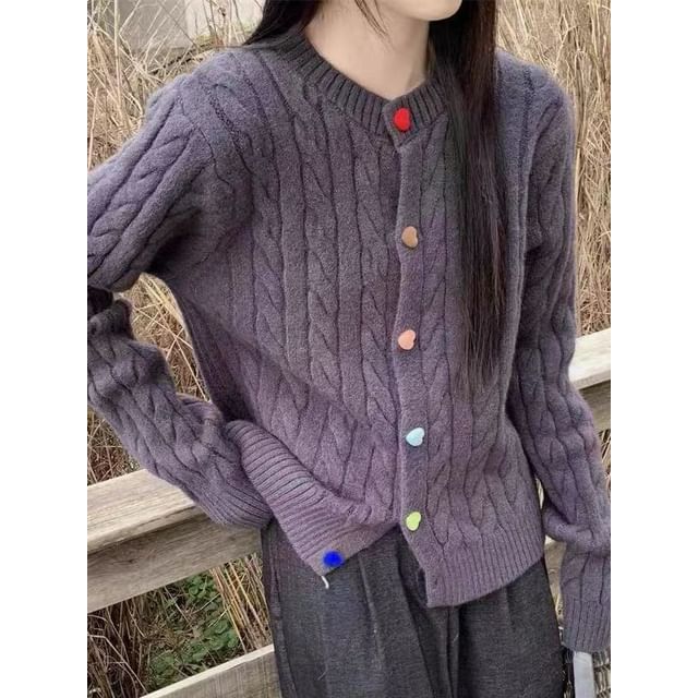 Rainbow-Button Cable-Knit Round-Neck Cardigan in 5 Colors