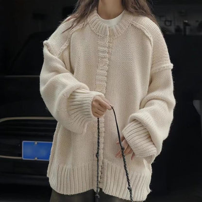 Oversized Stitched Round-Neck Cardigan