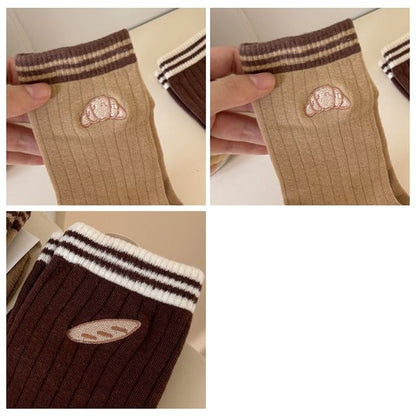 Striped Embroidered Ribbed Short Socks Set