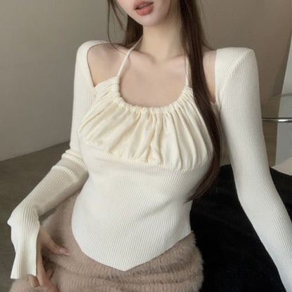 Long-Sleeve Scoop Neck Plain Asymmetrical Ribbed Knit Top