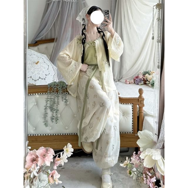 Set: Plain Cami Top + High Waist Floral Print Baggy Pants + Open Front Jacket