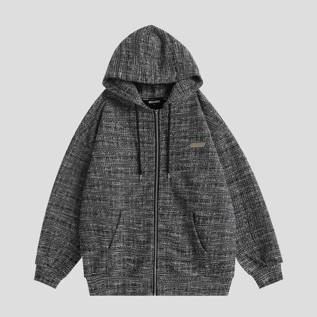 Couple Matching Hood Fleece-Lined Tweed Zip Jacket
