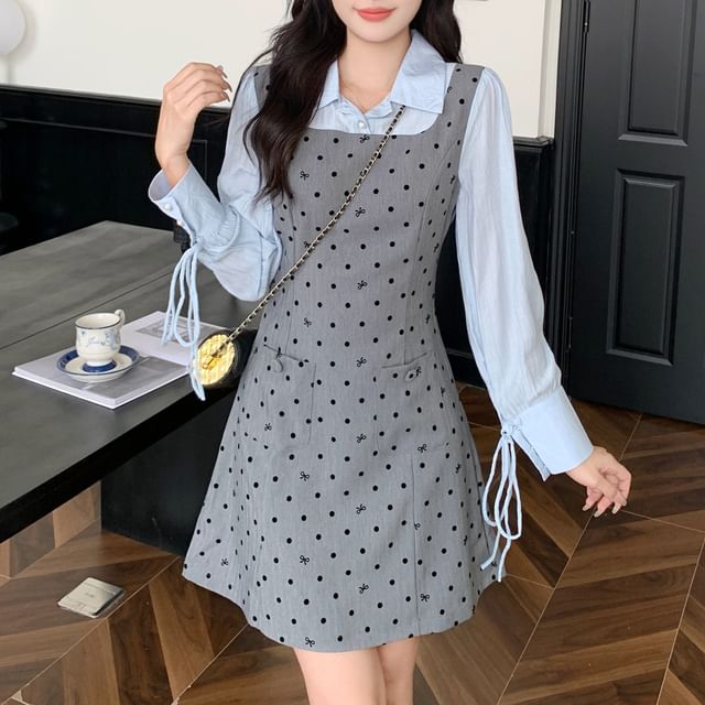 Long Sleeve Collared Dotted Mock Two Piece A-Line Dress