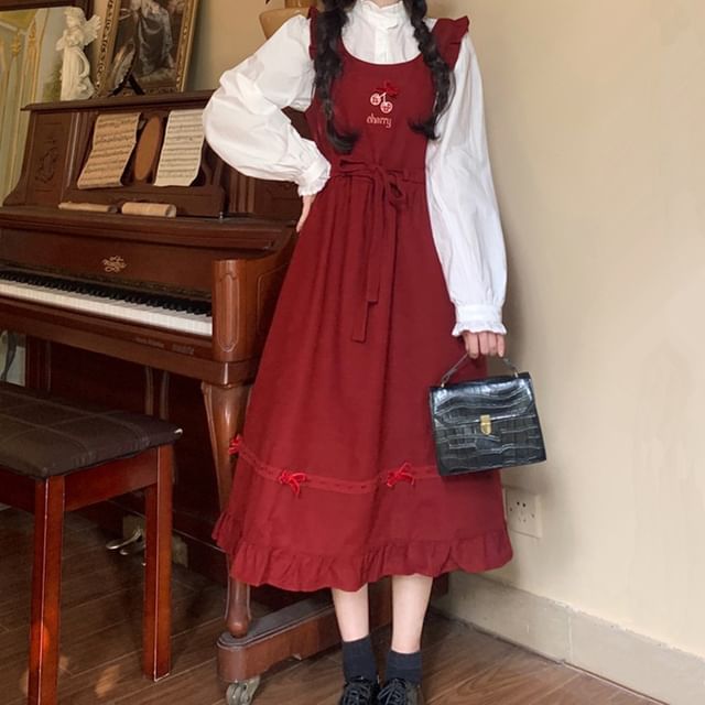 Long Sleeve Stand Collar Plain Frill Blouse / Cherry Embroidered Bow Ruffle Midi A-Line Overall Dress