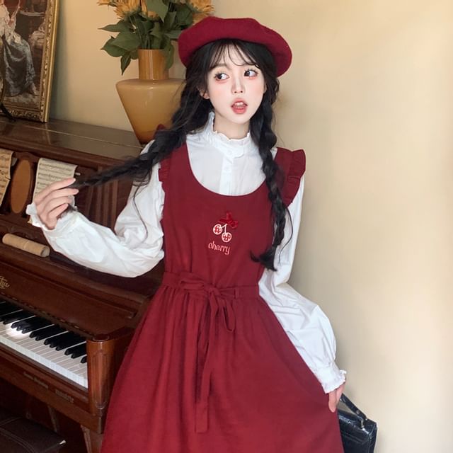 Long Sleeve Stand Collar Plain Frill Blouse / Cherry Embroidered Bow Ruffle Midi A-Line Overall Dress