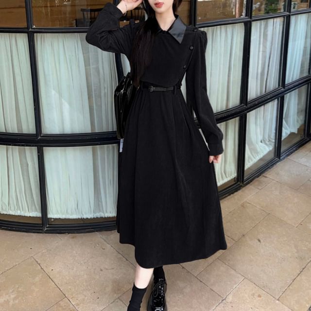 Long Sleeve Contrast Collar Mock Two Piece Corduroy Midi A-Line Dress