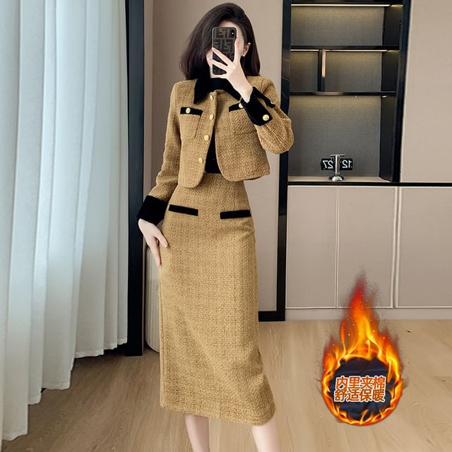 Set: Collared Contrast Trim Button-Up Tweed Crop Jacket + High Rise Slit Midi Pencil Skirt