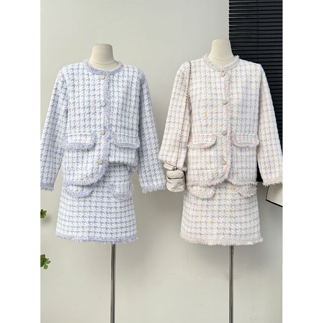 Set: Frayed Crew-Neck Tweed Jacket + Mini Skirt