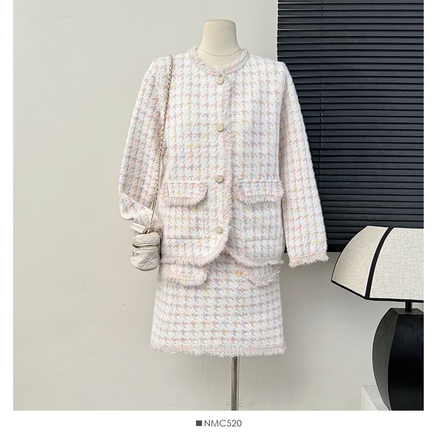 Set: Frayed Crew-Neck Tweed Jacket + Mini Skirt