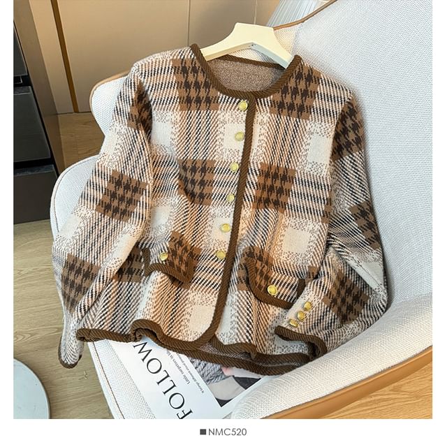 Plaid Round-Neck Wool Jacket