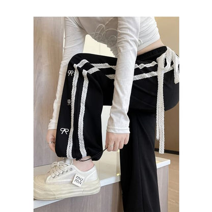 High Waist Lace Panel Bow Embroidered Loose-Fit Wide-Leg Sweatpants