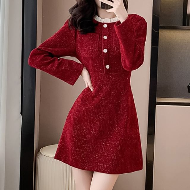 Long-Sleeve Stand Collar Glitter Button Accent Contrast Frill Trim Mini A-Line Dress