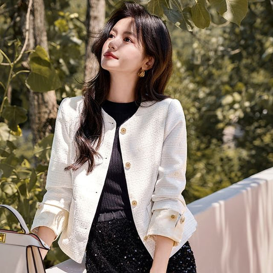 Round Neck Plain Tweed Cropped Button Jacket