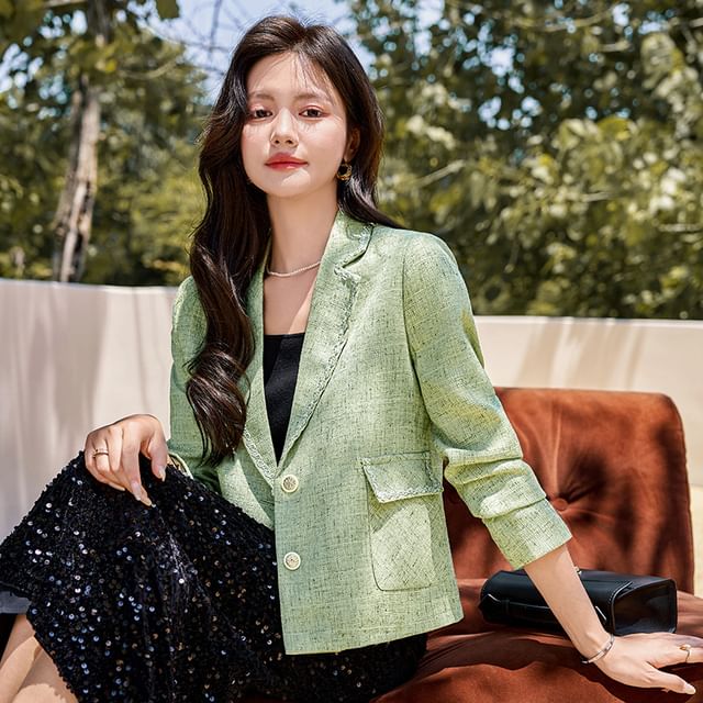 Lapel Collared Tweed Single Breasted Blazer