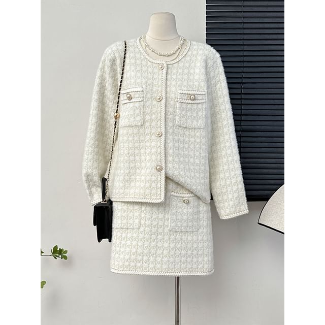 Set: Crew-Neck Tweed Jacket + Mini Skirt