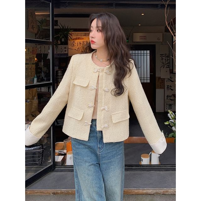 Plain Applique Tweed Single-Breasted Jacket