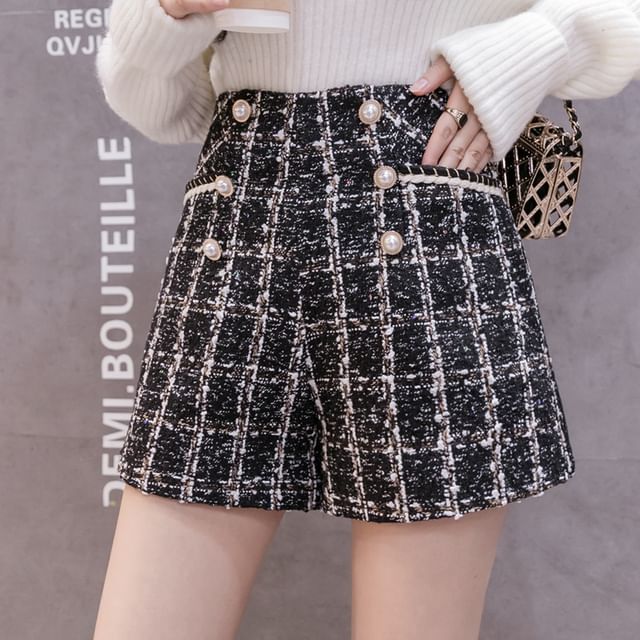 High Waist Plaid Faux Pearl Shorts