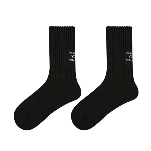 Lettering Embroidered Ribbed Short Socks