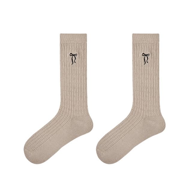 Bow Embroidered Ribbed Short Socks