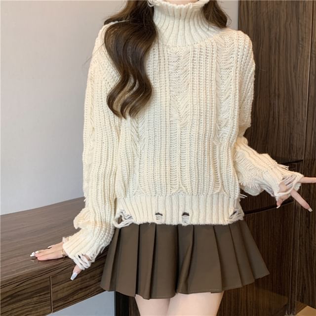 Distressed Turtleneck Cropped Sweater in 5 Colors