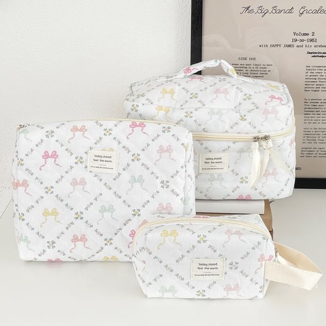 Lettering Applique Bow Fabric Makeup Bag / Clutch (Various Designs)