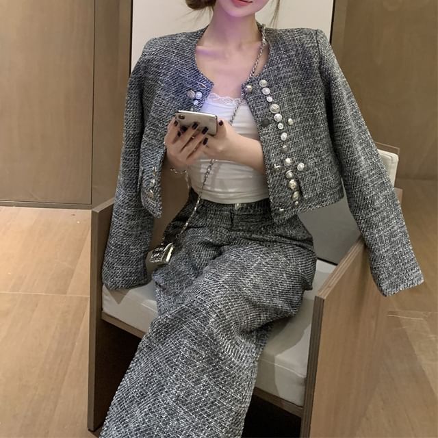 Set: Crew Neck Button-Up Tweed Crop Jacket + High Waist Wide Leg Pants